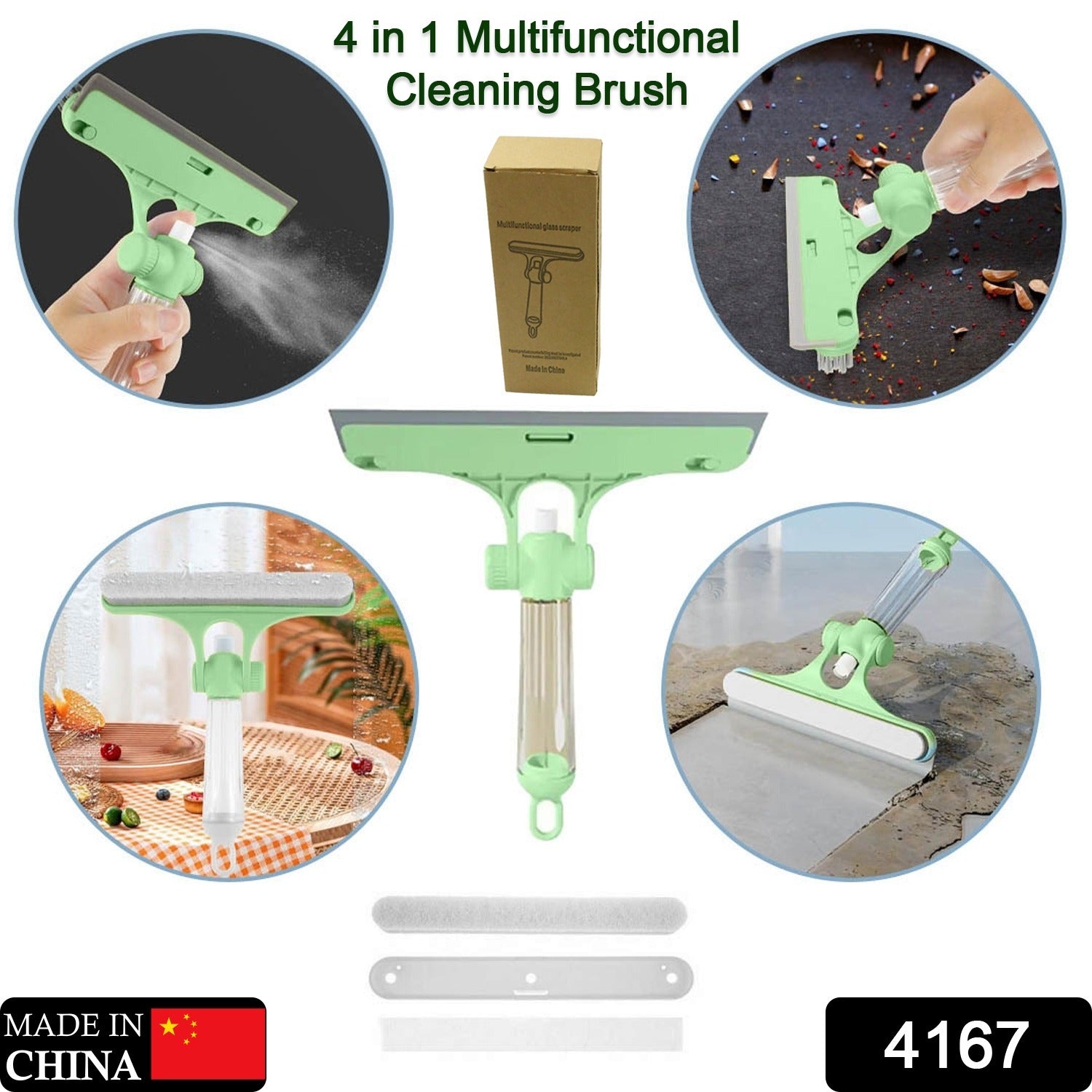 4167 4 in 1 Multifunctional Glass Scraper, Window Glass Wiper with Watering Can, Silicon Cleaning Squeegee with Two Brush Heads, Practical Squeegee for Shower Doors, Windows, Tiles and Car Glass 4167 4 in 1 Multifunctional Glass Scraper, Window Glass Wiper with Watering Can, Silicon Cleaning Squeegee with Two Brush Heads, Practical Squeegee for Shower Doors, Windows, Tiles and Car Glass
